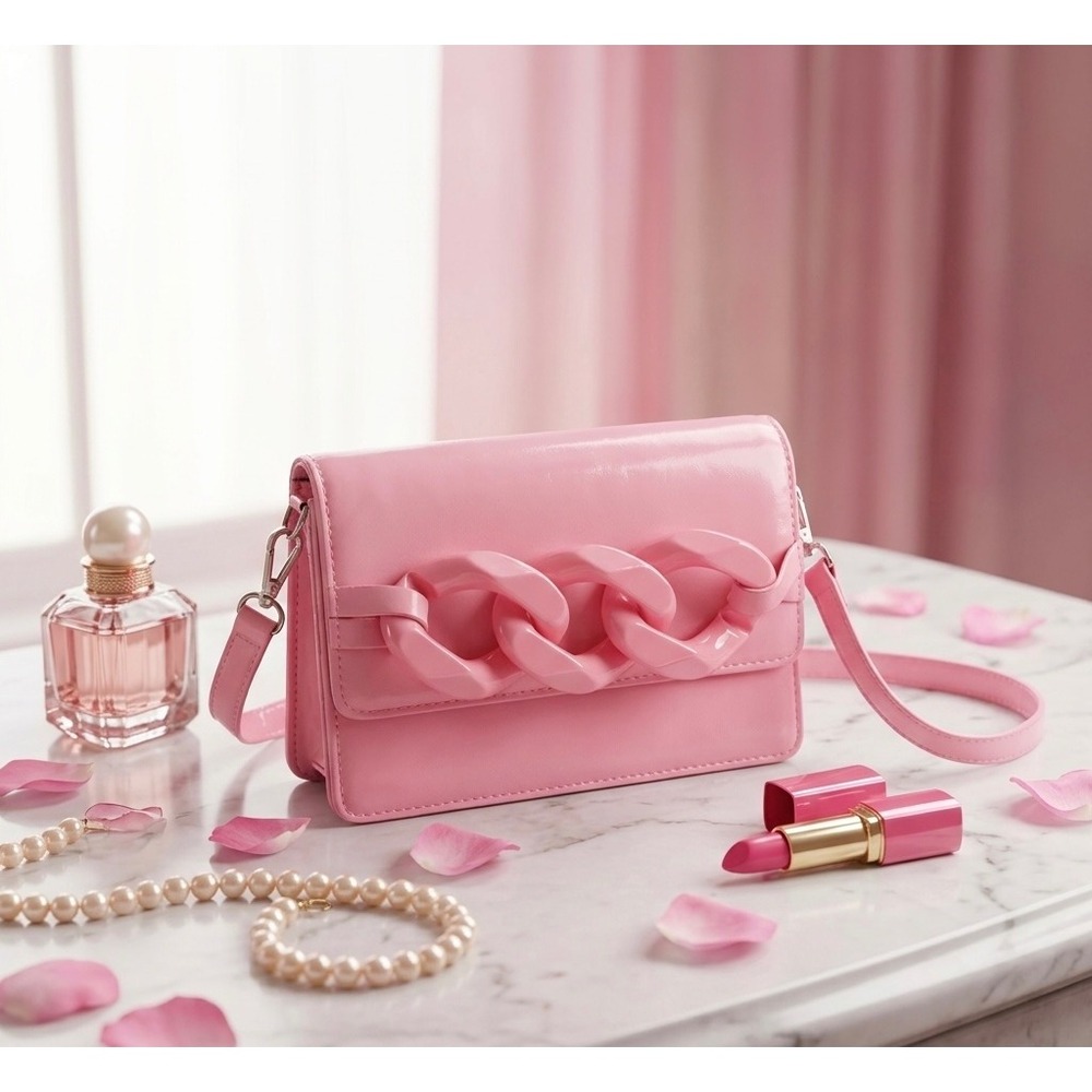 Pink Chunky Chain Clutch Crossbody Wallet Bag Faux Leather Barbie Y2K Aesthetic